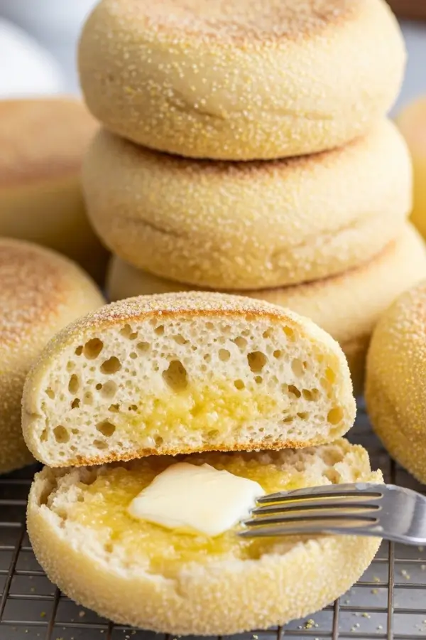 Golden sourdough English muffins dusted with cornmeal, stacked on a wire rack