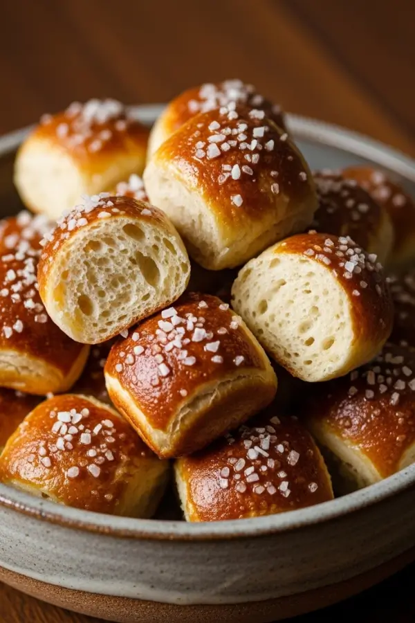 Golden-brown sourdough pretzel bites piled in a rustic bowl