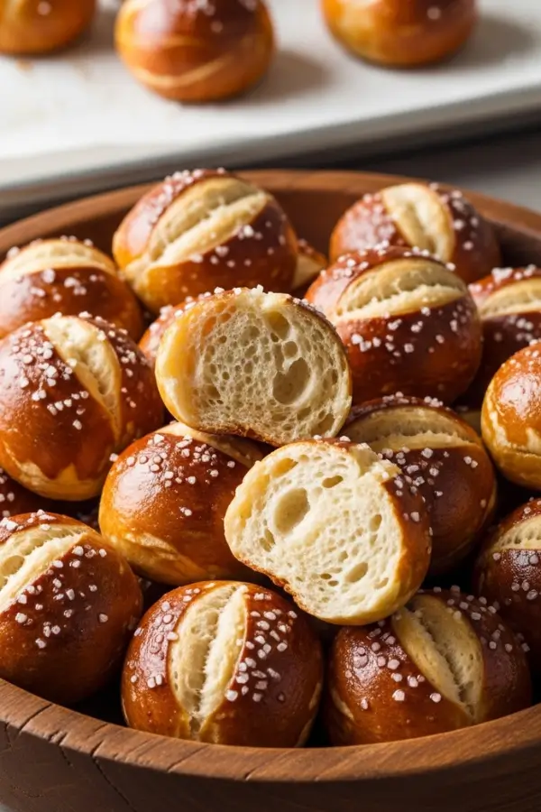 Sourdough pretzel bites, soft chewy interior visible on a few split pieces