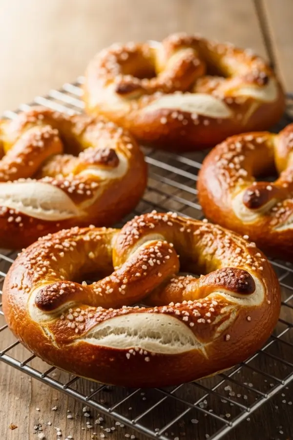 Deep golden sourdough pretzels with glossy egg-washed crust and coarse sea salt