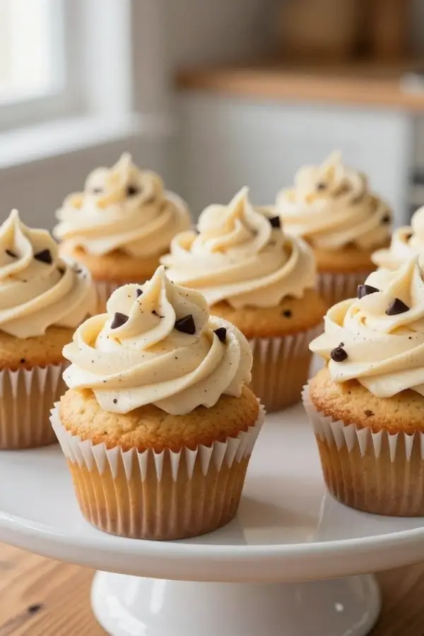 Piped Cookie Dough Frosting on cupcake