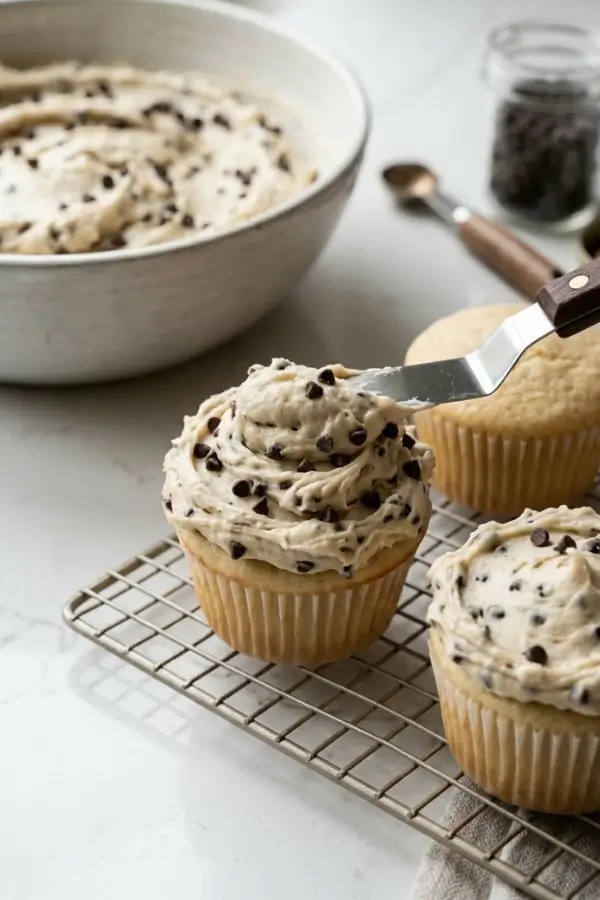 Cookie Dough Frosting on cupcake in wire rack