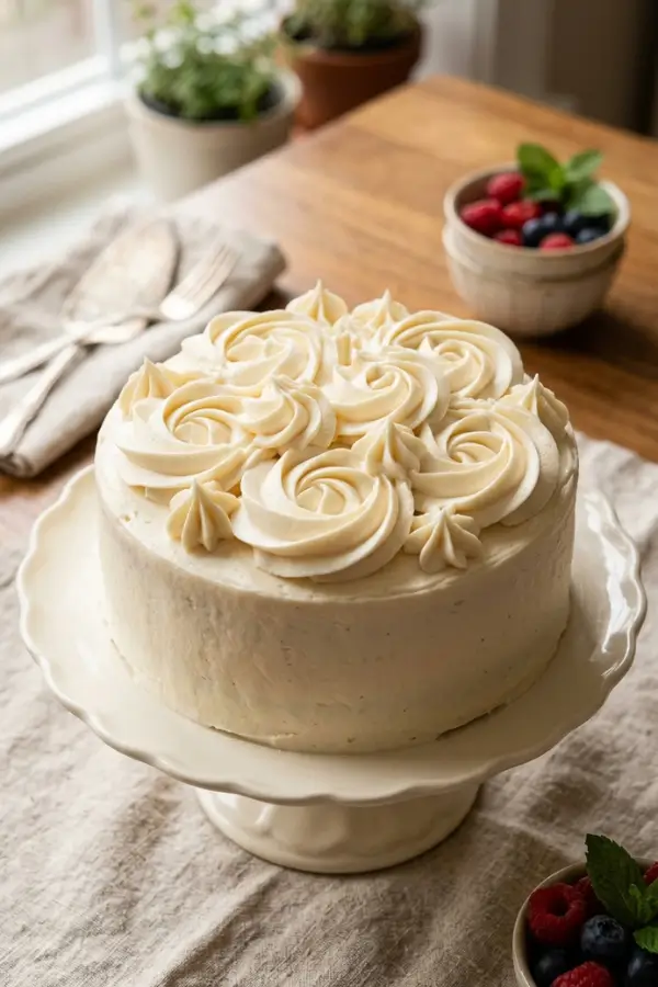 Light and airy ermine frosting piped onto a cake