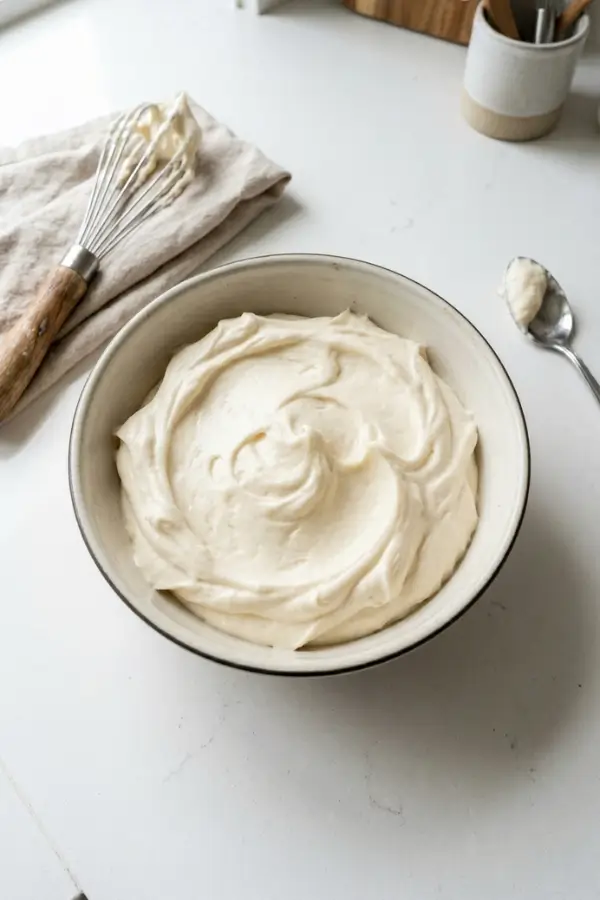 Ermine Frosting on a bowl, top view
