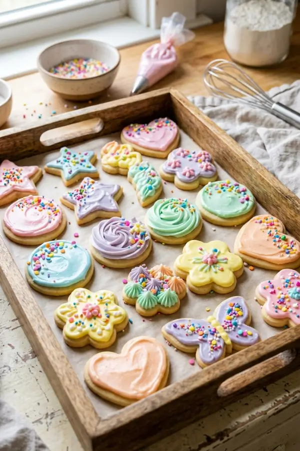 Frosting Sugar Cookies in a tray