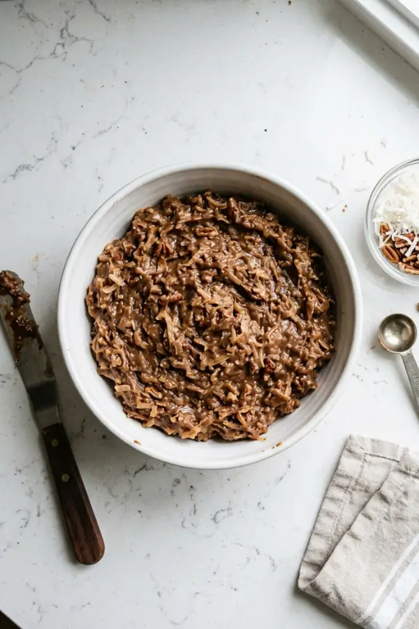 German Chocolate Frosting in a bowl