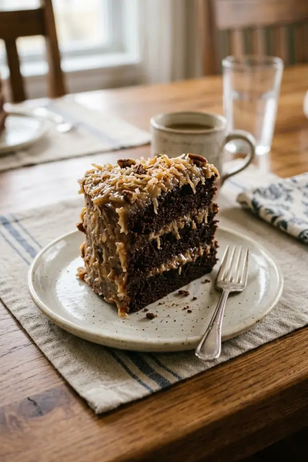 One slice cake serve with German Chocolate Frosting