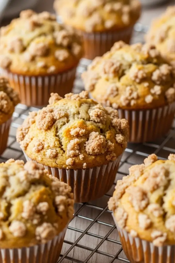 Golden sourdough banana muffins with domed tops on cooling rack