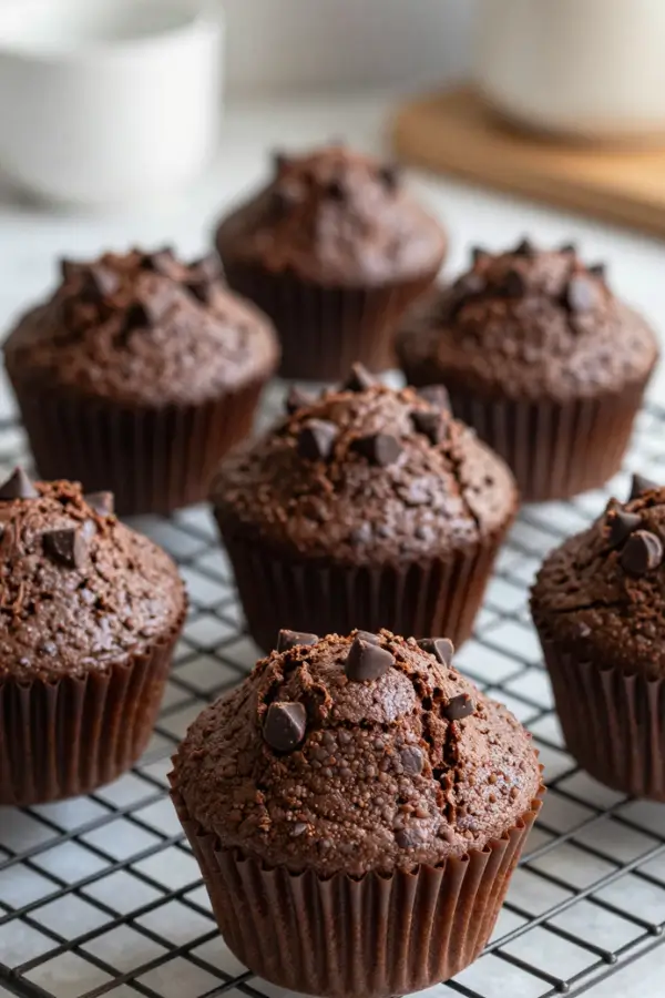 Sourdough Discard Chocolate Muffins on cooling rack