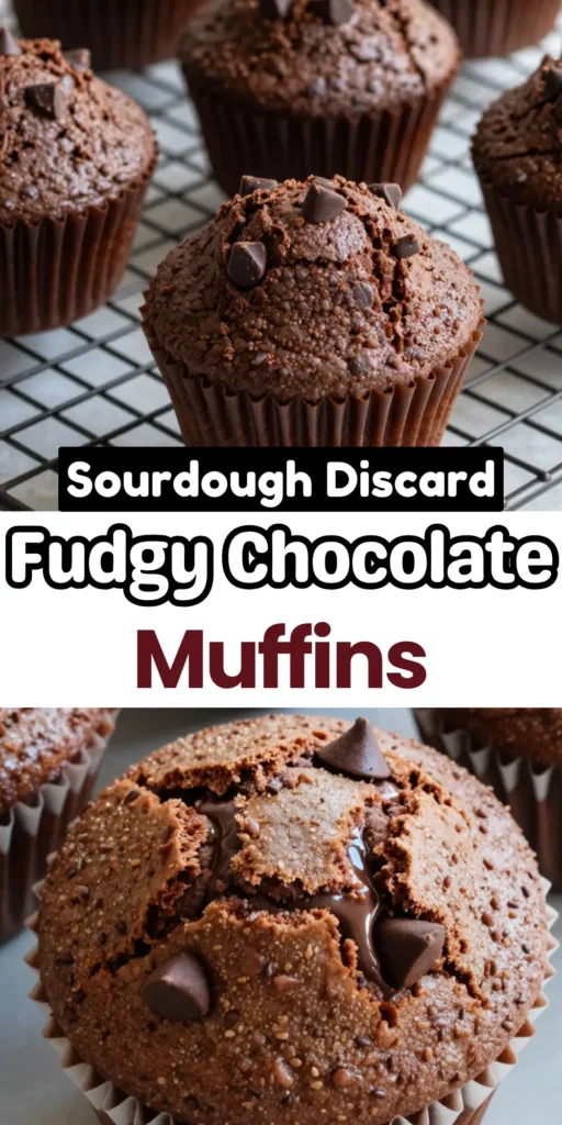 Two image collage of Sourdough Discard Chocolate Muffins
