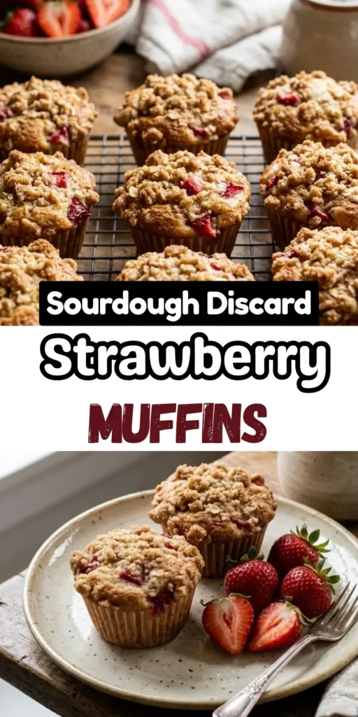 Two image collage of Sourdough Discard Strawberry Muffins
