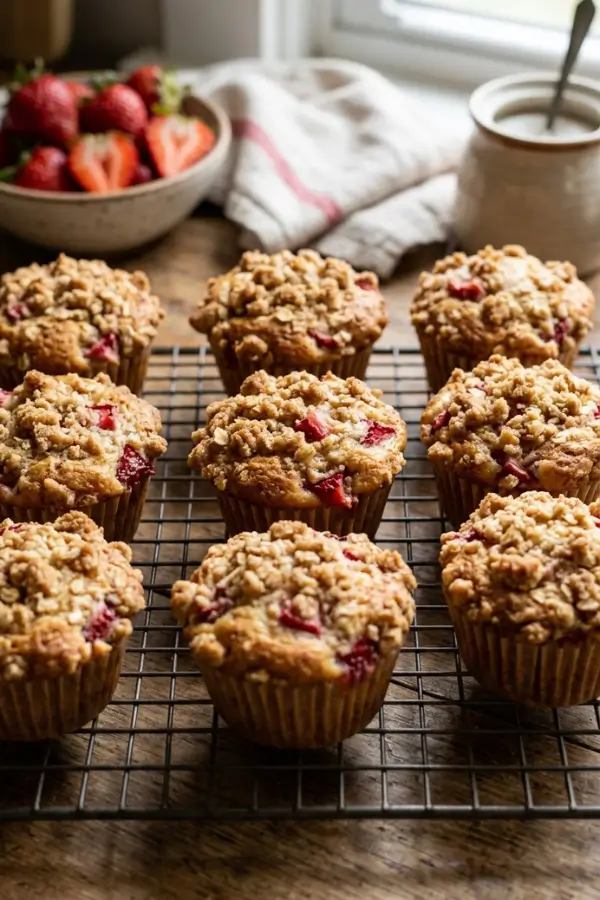 Sourdough Discard Strawberry Muffins on cooling rack