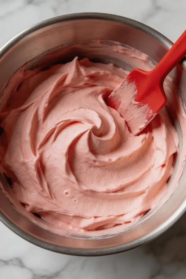 Strawberry Buttercream Frosting on mixing bowl