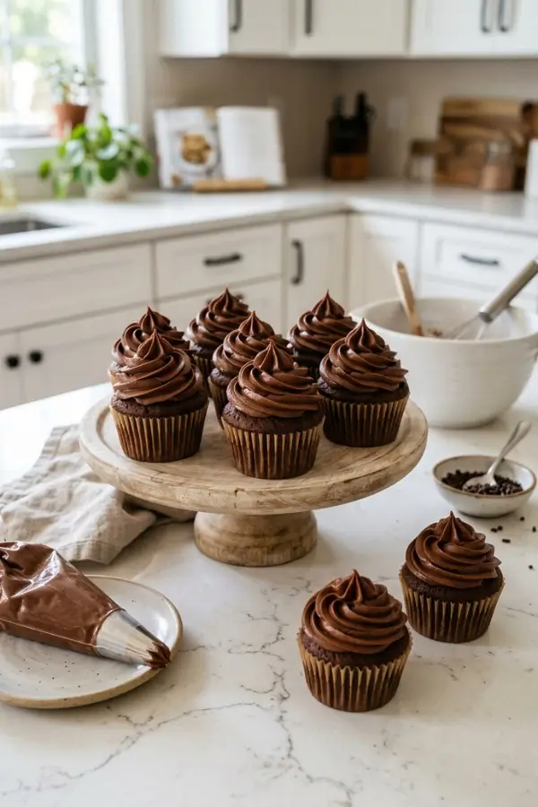 Whipped Chocolate Frosting piped on cupcakes