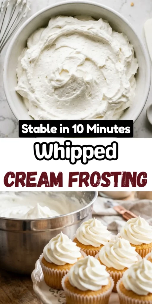 Two image collage of whipped cream frosting