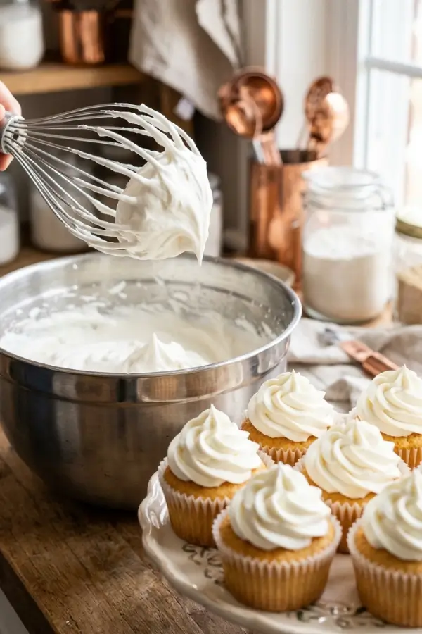 Whipped cream frosting on cupcakes