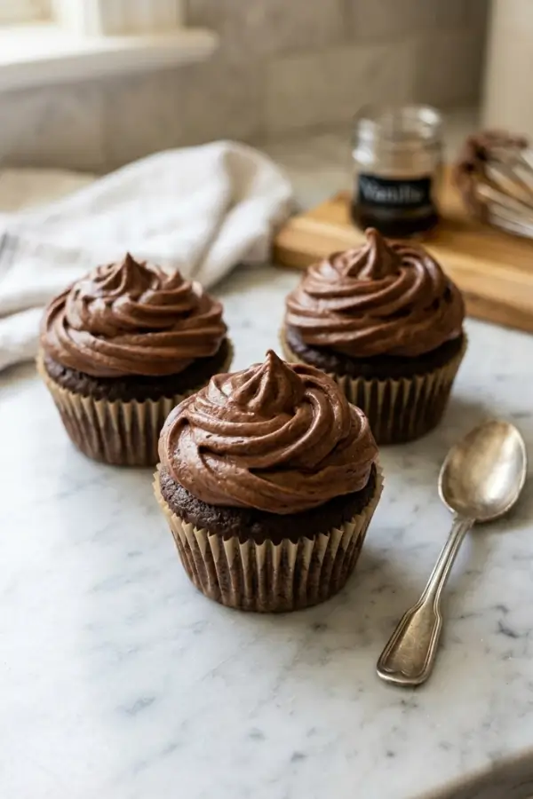 Chocolate pudding frosting piped onto cupcakes