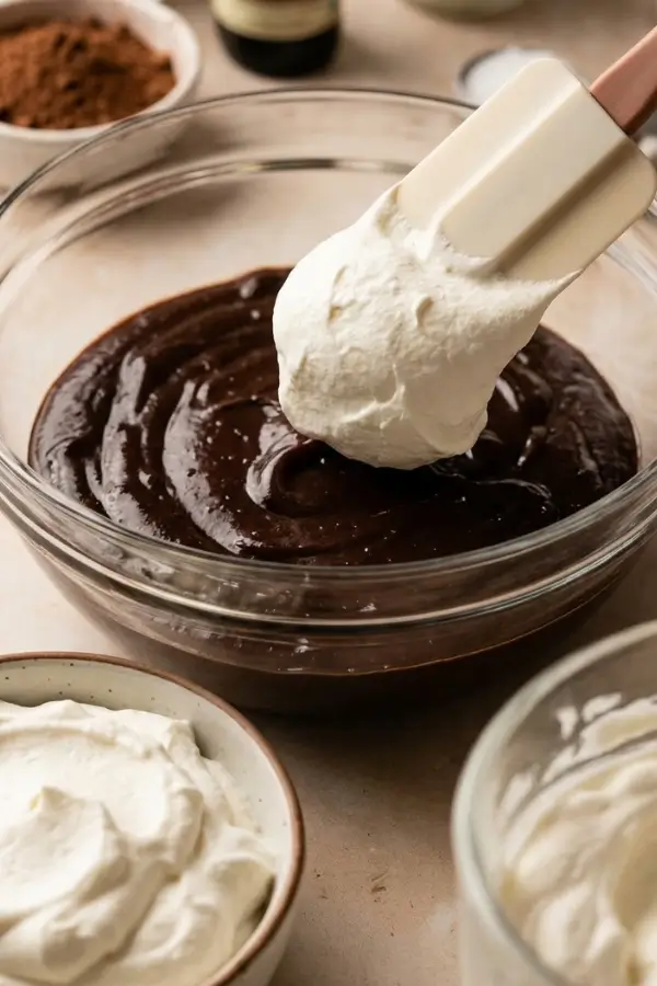 whipped cream and chocolate pudding mixture folding together