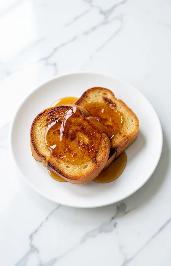 Overhead close-up food photography, Golden-brown caramelized Classic French Toast with Maple Syrup slices glistening with amber maple syrup on a white c