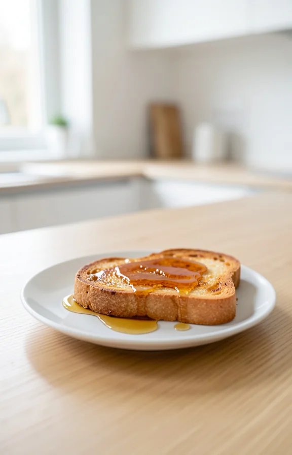 Eye-level shot on a light oak kitchen countertop, soft natural morning light from a nearby window, clean minimal kitchen