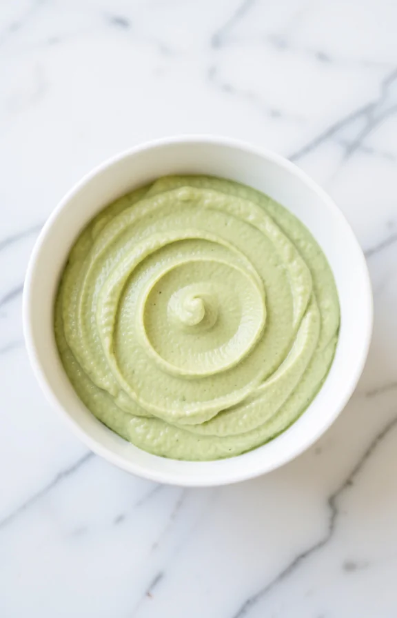 Overhead close-up food photography, Creamy pale green Cold Spinach Dip with subtle swirls in a white ceramic bowl, centred on a white