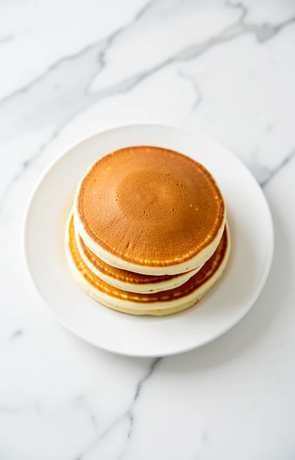 Overhead close-up food photography, Golden-brown fluffy stacked Buttermilk Pancakes with soft, pillowy centers on a white ceramic