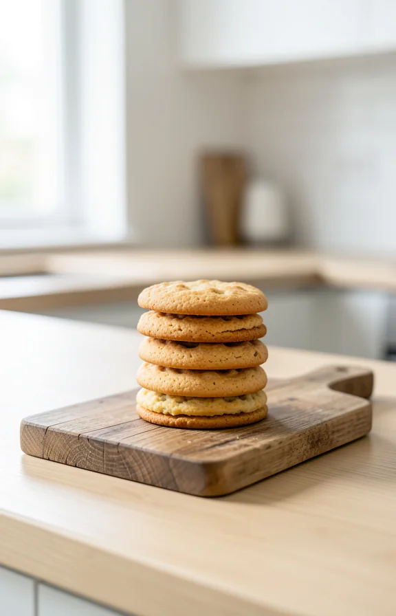 Eye-level shot on a light oak kitchen countertop, soft natural morning light from a nearby window, clean minimal kitchen