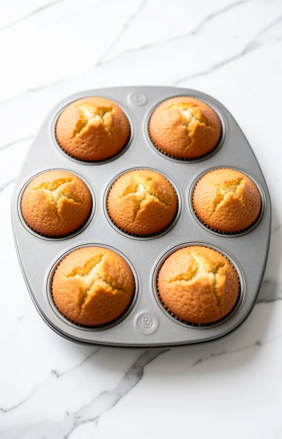 Overhead close-up food photography, Golden-brown domed Gluten Free One Bowl Banana Muffins with slightly cracked tops arranged in a muffin tin