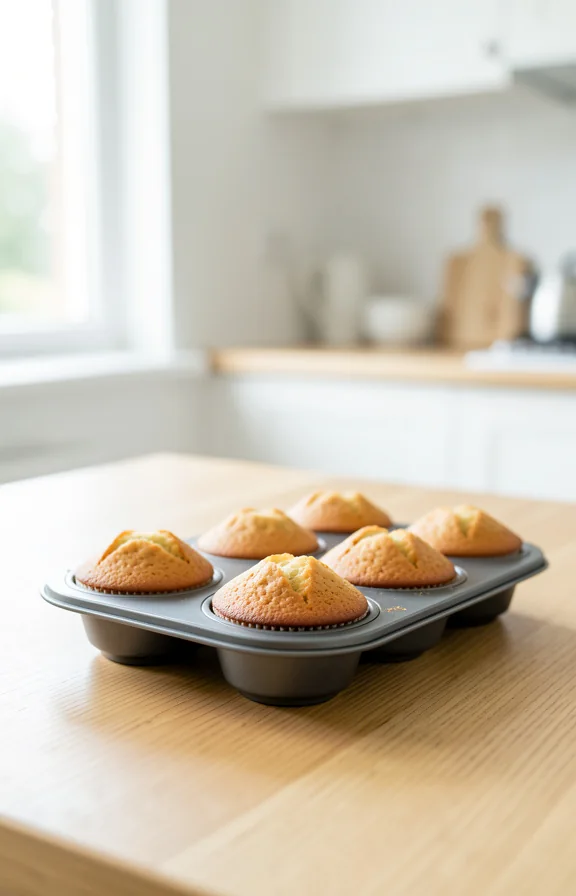 Eye-level shot on a light oak kitchen countertop, soft natural morning light from a nearby window, clean minimal kitchen