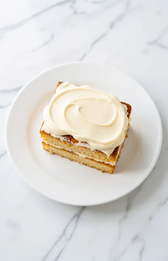 Overhead close-up food photography, Moist layered golden-brown Gluten Free Carrot Cake with cream cheese frosting on a white ceramic plate