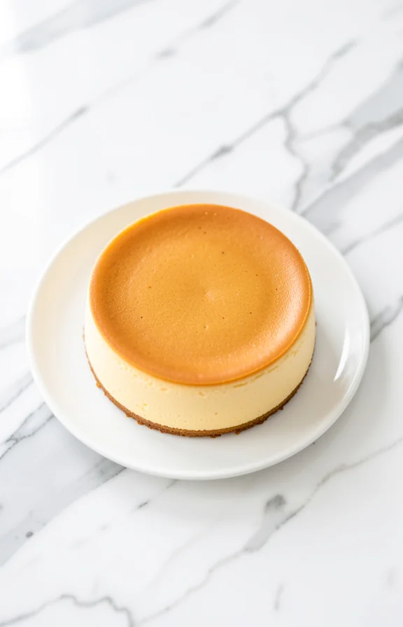 Overhead close-up food photography, Smooth creamy golden-brown Instant Pot Cheesecake with pristine flat top on a white ceramic plat