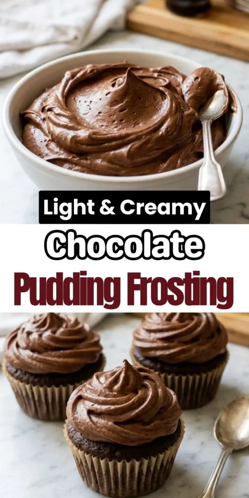 Two image collage of chocolate pudding frosting