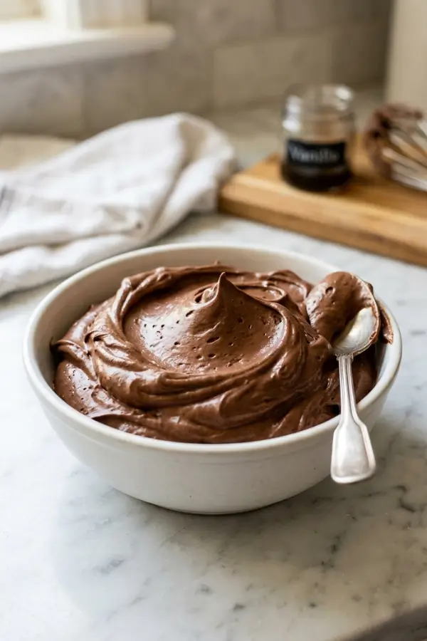 Close-up of fluffy chocolate pudding frosting