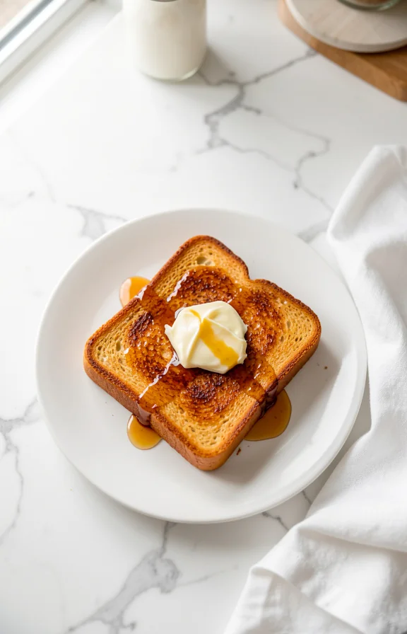 thick French toast slices golden-brown with maple syrup drizzle and butter melting