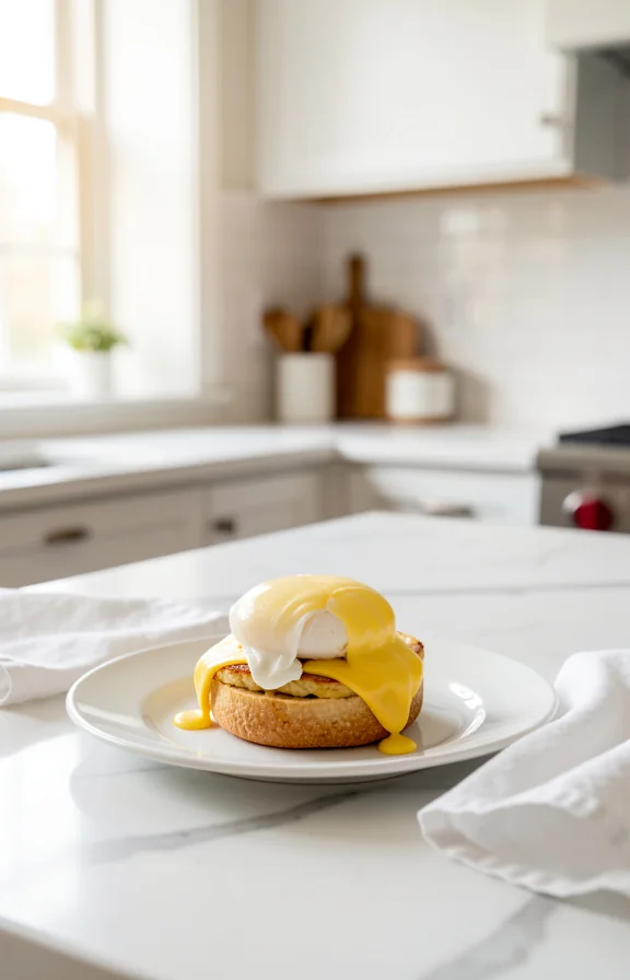 Angled view, eggs Benedict with poached eggs and hollandaise on English muffin on white plate