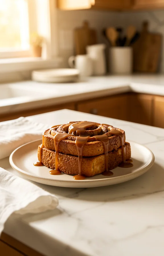 Front angle, cinnamon roll French toast bake topped with caramel drizzle on ceramic plate
