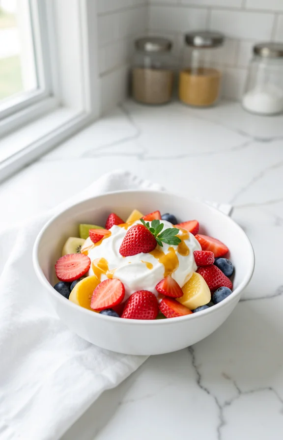 Flat lay, Greek yogurt fruit salad with strawberries and honey in white ceramic bowl