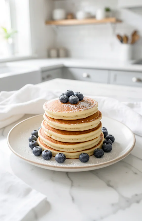Flat lay, stack of fluffy buttermilk pancakes topped with fresh blueberries and powdered sugar