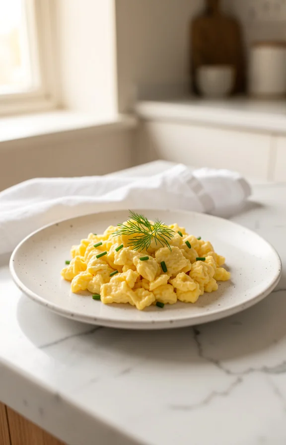 creamy scrambled eggs with fresh dill and chives on white speckled plate