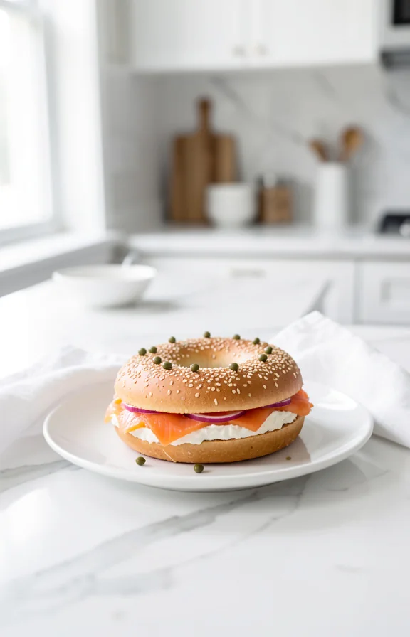 Angled shot, smoked salmon and cream cheese bagel with capers and red onion on simple white plate