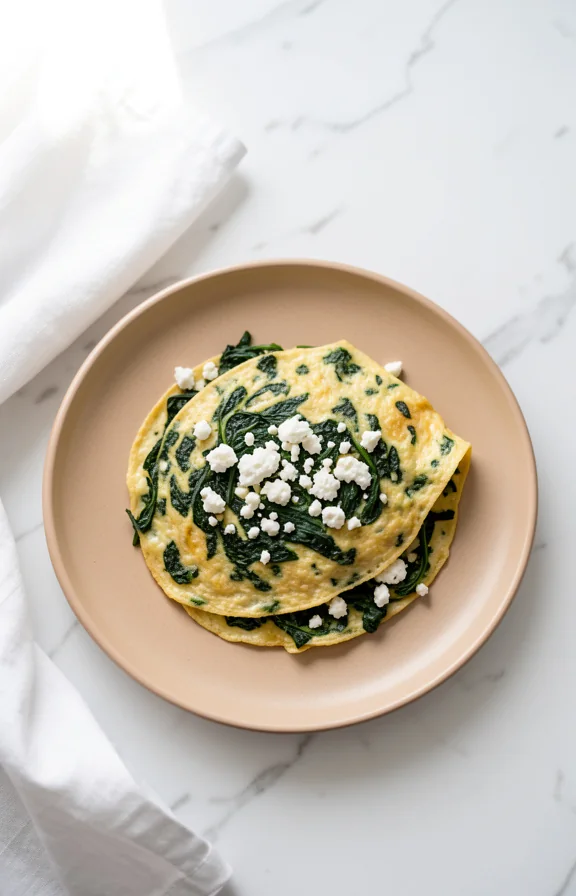 Top-down view, fluffy spinach and feta omelet folded perfectly on warm beige ceramic plate