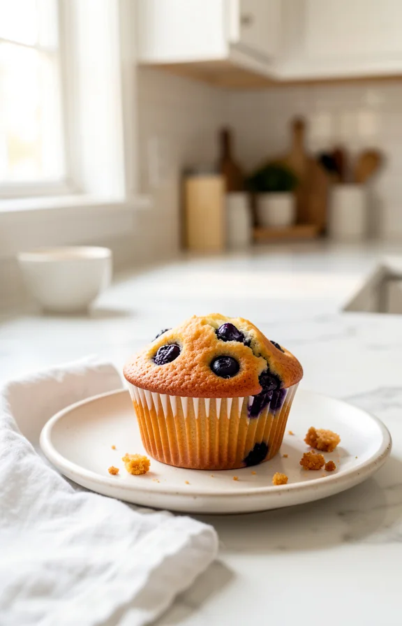Side angle, fresh blueberry muffin with golden top and muffin liner on ceramic plate with crumbs