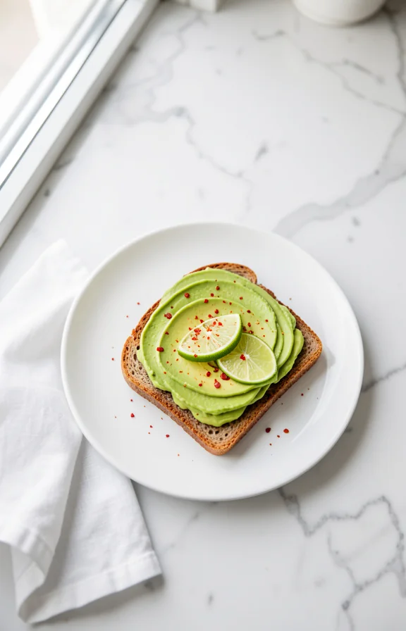 creamy avocado toast on whole grain bread with lime and red pepper flakes on white plate