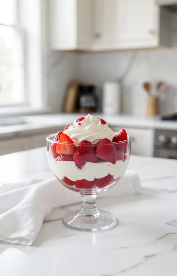 Front-facing shot, strawberry shortcake parfait layered with whipped cream in clear glass bowl