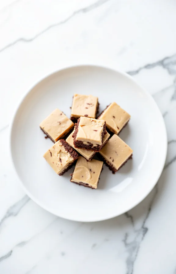 Overhead close-up food photography, Creamy tan and chocolate-layered bite-sized No Bake Keto Cheesecake Bites squares on a white ceramic plate