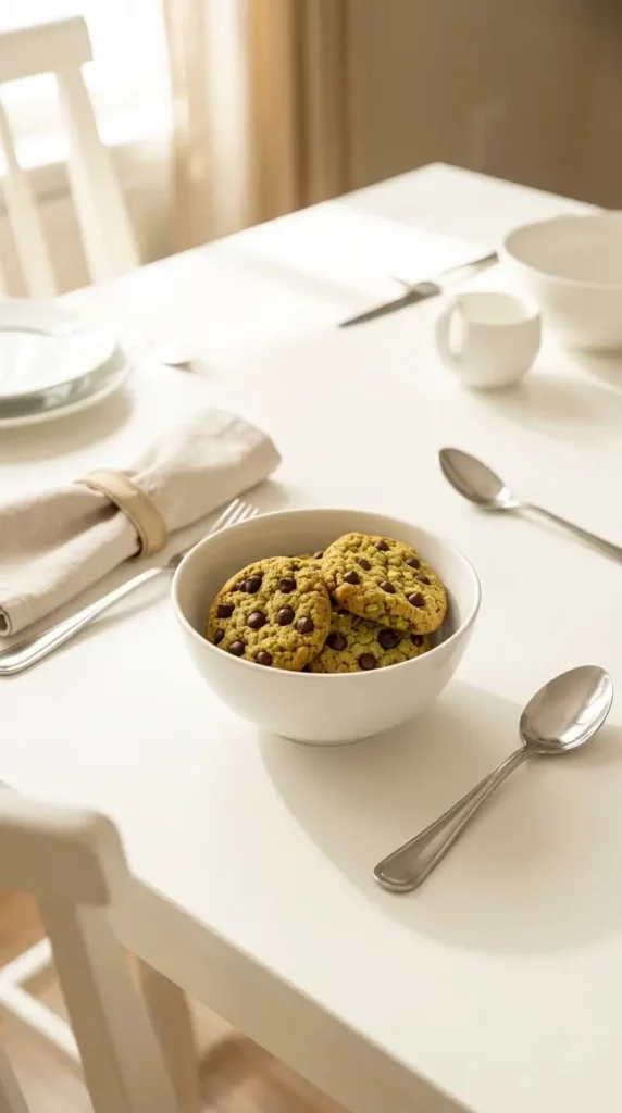 Slight overhead angle on a white dining table set for pistachio chocolate chip cookies