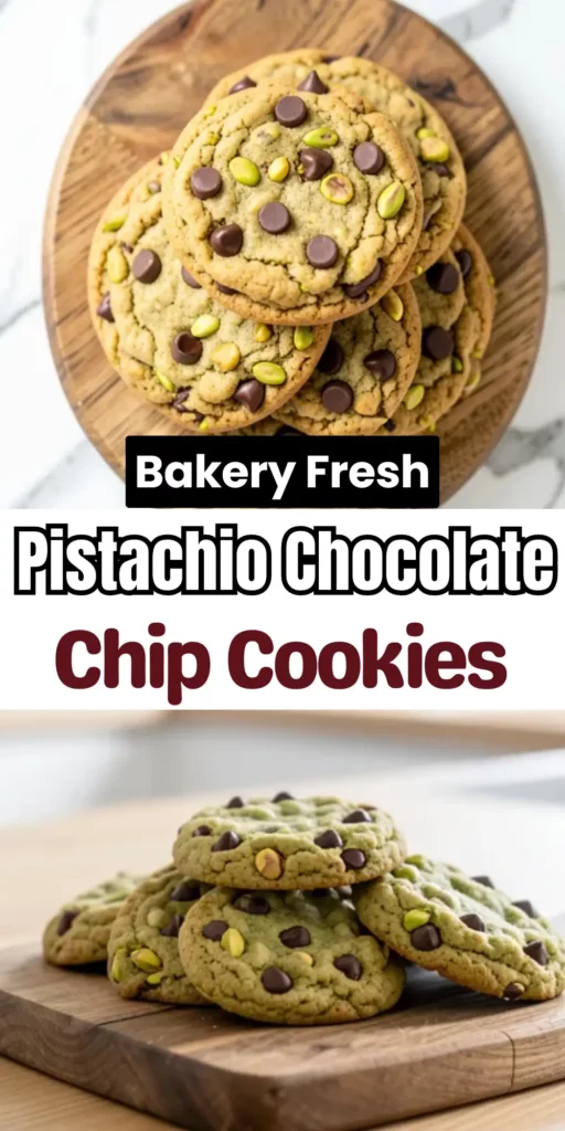 Two image collage of pistachio chocolate chip cookies