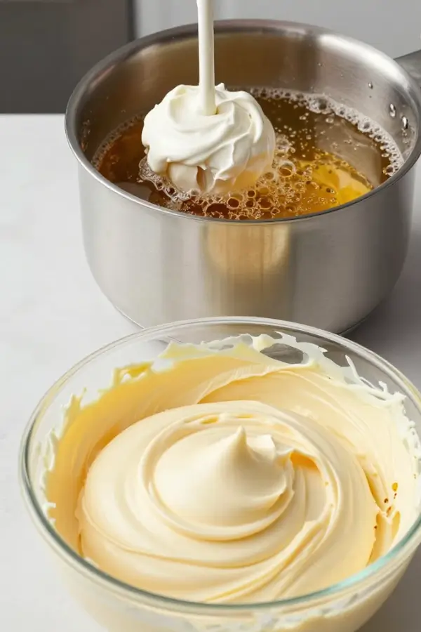 Italian Buttercream Frosting process in saucepan with bubbling sugar syrup