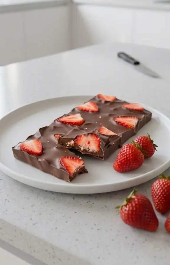 Strawberry Chocolate Bark on kitchen countertop