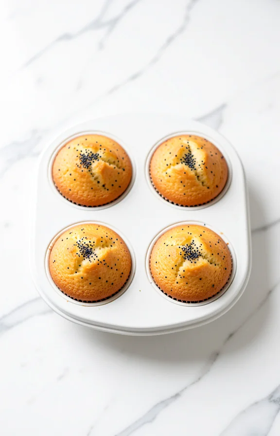 Overhead close-up food photography, Golden-domed Vegan Lemon Poppy Seed Muffins with dark poppy seed specks in a white ceramic muffin tin